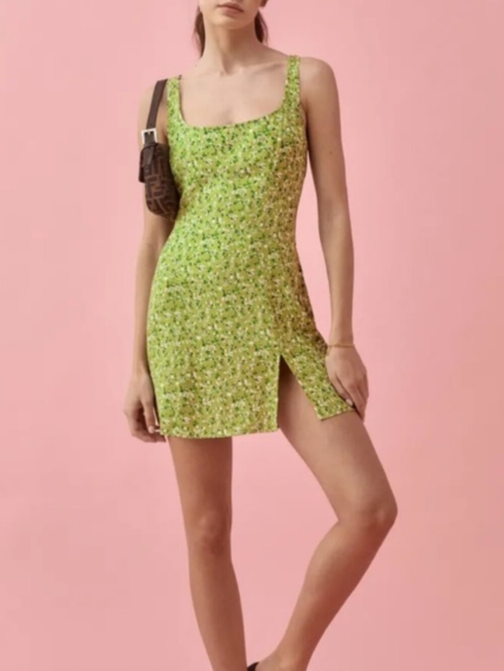 REFORMATION Green Floral Square-Neck Mini Dress Sz 12